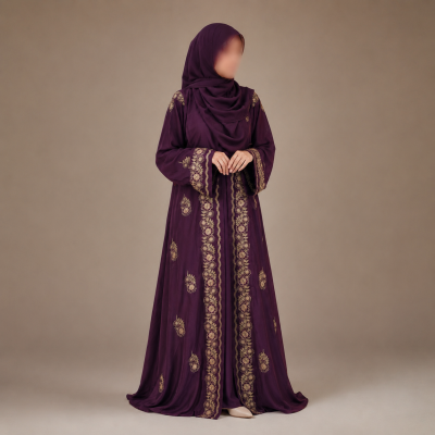 Premium Zafran Felix Luxury Abaya with Embroidery & Stone Work | Matching Hijab & Adjustable Inner | Modest Fashion Plum